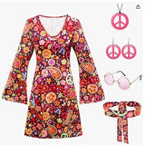 2025 Halloween 70S Hippie Disco Festive Dress Turban + Print Dress Two-Piece HZ1208