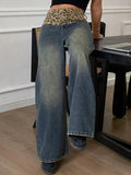 Tide Splicing Retro Leopard-Print Broad-Legged Pants Jeans Women's Niche To Make Old Loose Breathable Straight Pants HZ1208