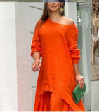 2025 New Women's Cotton And Cotton Fashion Casual Large Code Irregular Long-Sleeved Set Of Wide Leg Pants Two Sets HZ1208