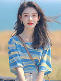 Summer Korean Chic Oceanous Special To Beautiful Blouse Loose And Thin Blue Striped T-Shirts HZ1208