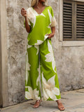 2025 Summer Set Printing V-Neck Bat Sleeve Blouse Long Pants Fashion Two-Piece HZ1208