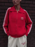 Striped Knitted Cardigan Collar Zipper Retro Sports Rice White Hit Red High Street Burst Autumn HZ1208