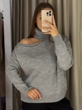 Must Enter The High-Collar Shoulder Sweater Unique Asymmetric Design Gentle Apricot Gray Color Optional Autumn And Winter Atmosphere HZ1208