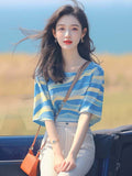 Summer Korean Chic Oceanous Special To Beautiful Blouse Loose And Thin Blue Striped T-Shirts HZ1208