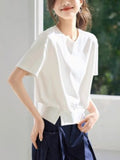 White Short-Sleeved T-Shirt Women's Summer 2025 New Casual Design Feeling Under The Fork Decorative Buckle Clasp Blouse HZ1208