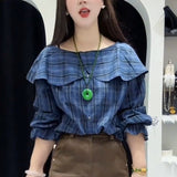 Stylingly, Niche Design Blouse Hannese Age-Lowish Slim Super-Good Looking Blue Cowboy Splicing Shirt HZ1208