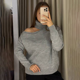 Must Enter The High-Collar Shoulder Sweater Unique Asymmetric Design Gentle Apricot Gray Color Optional Autumn And Winter Atmosphere HZ1208