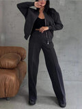 2025 New Autumn And Winter Women's Casual Zipper Jacket Wide Leg Pants Fashion Set HZ1208