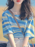 Summer Korean Chic Oceanous Special To Beautiful Blouse Loose And Thin Blue Striped T-Shirts HZ1208