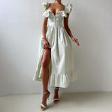 Temperament Commuting Style Leaf Side Striped Dress Women's Summer Senior Neck Cuff Double Design Women's Clothing HZ1208