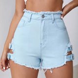 Summer Trendy Hottie Sexy Retro Hairy Side On Both Sides Of The Hollow Can Adjust Denim Super Shorts Hot Pants HZ1208