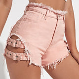 Summer Trendy Hottie Sexy Retro Hairy Side On Both Sides Of The Hollow Can Adjust Denim Super Shorts Hot Pants HZ1208