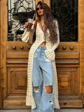 Single Attitude Babes Personality Style Long Design Knitted Cardigan Women's Hollow Hook Flower Solid Color High Sense HZ1208