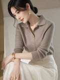 Coffee-Colored Polo Collar Long-Sleeved Knitted Shirt 2025 European Blouse French Elegant Thin Outer Wear Bottom Sweater Woman HZ1208
