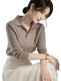 Coffee-Colored Polo Collar Long-Sleeved Knitted Shirt 2025 European Blouse French Elegant Thin Outer Wear Bottom Sweater Woman HZ1208