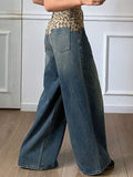 Tide Splicing Retro Leopard-Print Broad-Legged Pants Jeans Women's Niche To Make Old Loose Breathable Straight Pants HZ1208